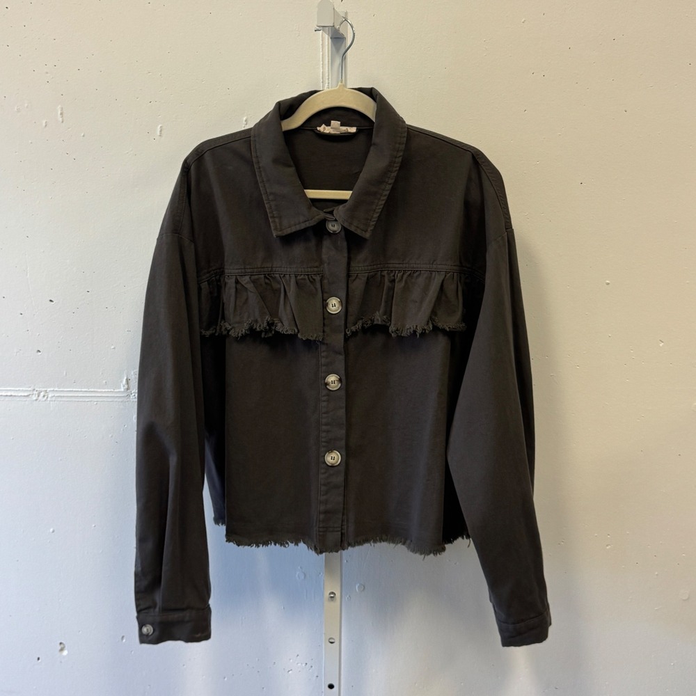 Ee:some Brown Ruffle Raw Hem Denim Jacket Women's Large Grunge Distressed Twill